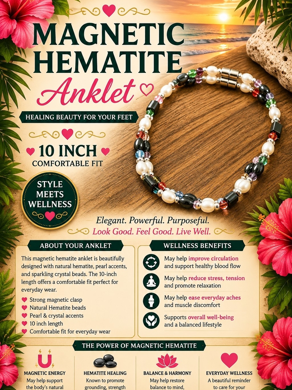 33.  Magnetic Hematite Anklet with Multicolor Beads & Pearls